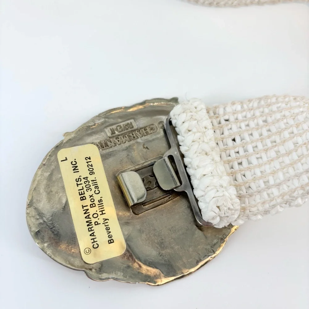 Vintage 80s Charmant Belt Oversized Buckle Woven‎ White Silver Pink Retro Large